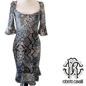 JUST CAVALLI Bodycon Dress SZ L Animal Print 3/4 sleeves